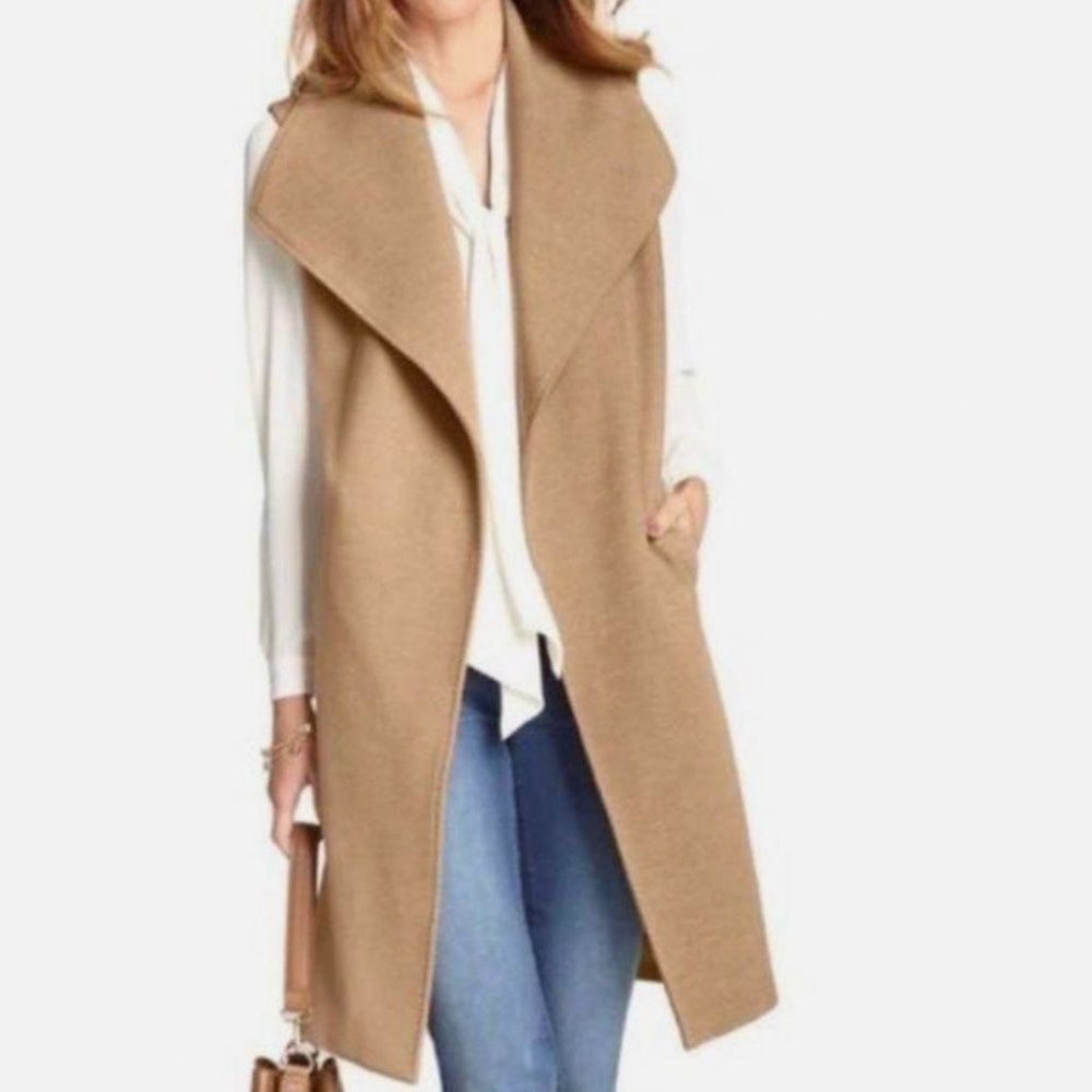 White House Black Market Long Belted Camel Vest Size S/M